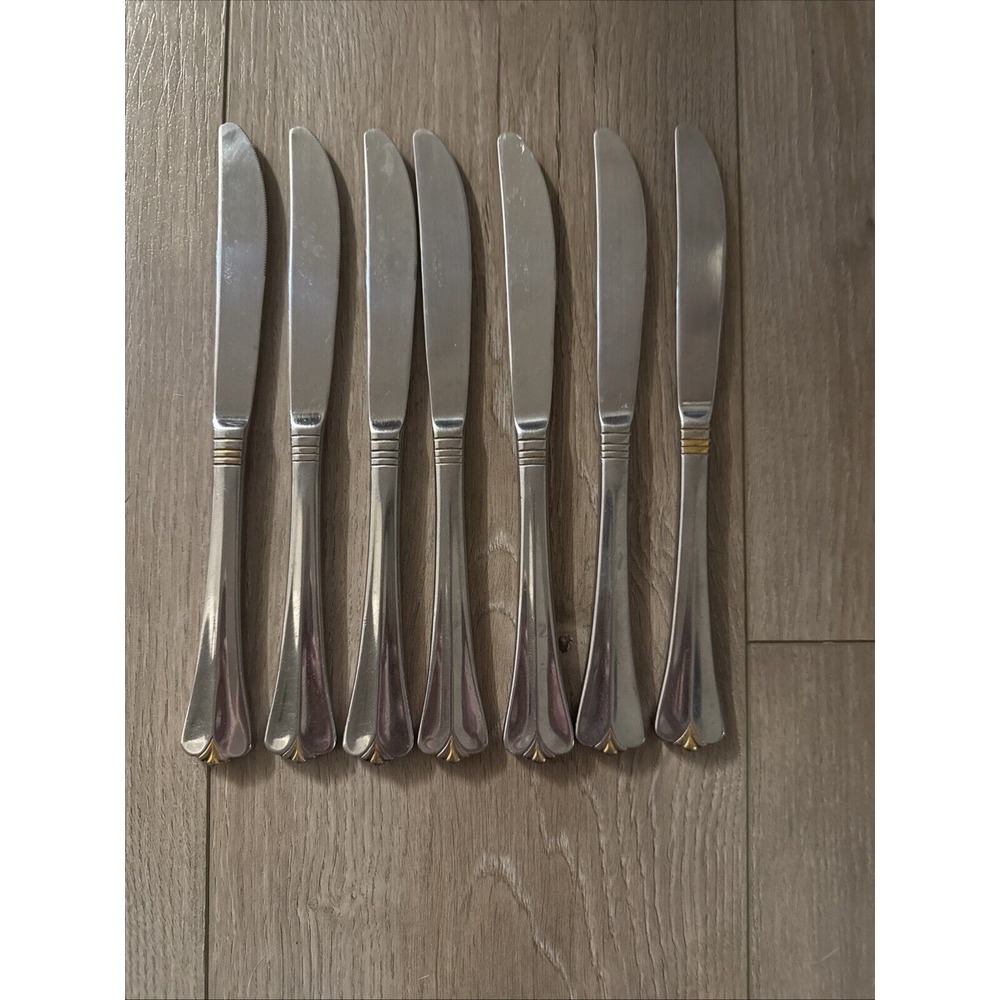7 PCs Rogers COUNTRY SHELL GOLD Glossy Gold Tip Flatware Dinner Knives *read